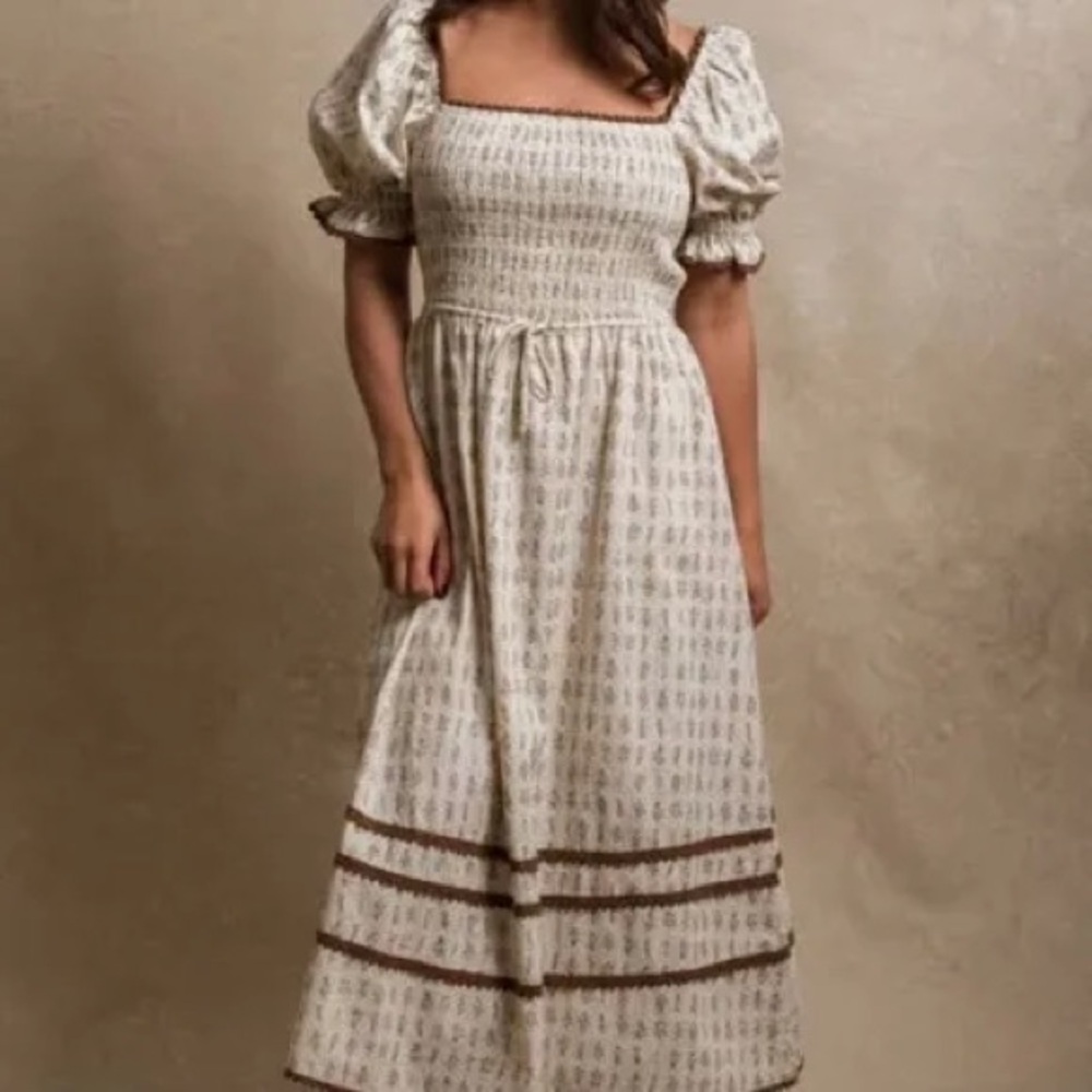 Smocked Midi Dress in Cream with Brown Trim